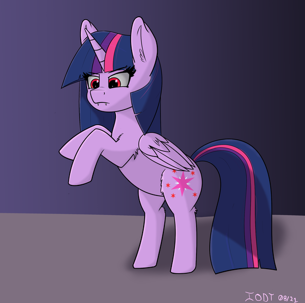 Size: 2063x2045 | Tagged: safe, artist:ionlydrawtwi, derpibooru import, twilight sparkle, twilight sparkle (alicorn), oc, oc:ruby sparkle, alicorn, pony, vampire, vampony, fanfic:second princess of the night, alternate cutie mark, alternate eye color, derpibooru exclusive, fanfic art, fangs, female, gradient background, image, mare, png, rearing, red eyes, simple background, solo