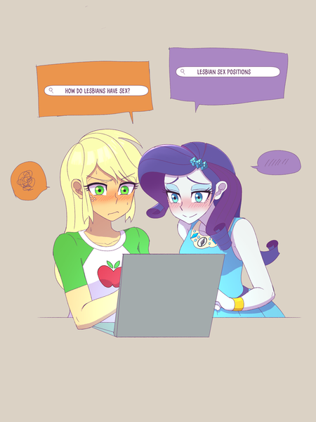 Size: 1620x2160 | Tagged: suggestive, artist:haibaratomoe, derpibooru import, applejack, rarity, equestria girls, equestria girls series, applejack is not amused, blushing, computer, female, freckles, image, implied sex, laptop computer, lesbian, png, rarijack, rarity peplum dress, searching, shipping, sweat, sweatdrops, unamused