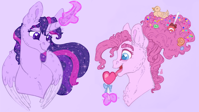 Size: 1792x1008 | Tagged: safe, artist:skior, derpibooru import, pinkie pie, princess twilight 2.0, twilight sparkle, twilight sparkle (alicorn), alicorn, earth pony, pony, the last problem, bust, candy, curved horn, female, food, glowing horn, heart, horn, image, lesbian, lollipop, magic, mare, older, older pinkie pie, older twilight, png, shipping, solo, twinkie