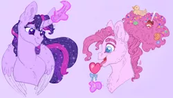 Size: 1792x1008 | Tagged: safe, artist:skior, derpibooru import, pinkie pie, princess twilight 2.0, twilight sparkle, twilight sparkle (alicorn), alicorn, earth pony, pony, the last problem, bust, candy, curved horn, female, food, glowing horn, heart, horn, image, lesbian, lollipop, magic, mare, older, older pinkie pie, older twilight, png, shipping, solo, twinkie