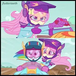 Size: 1080x1080 | Tagged: safe, derpibooru import, edit, edited screencap, editor:flutteriaeth, screencap, fluttershy, rainbow dash, equestria girls, friendship games, clothes swap, duo, duo female, female, flutterdash, hairpin, image, jpeg, lesbian, motocross outfit, motorcross, open mouth, shipping