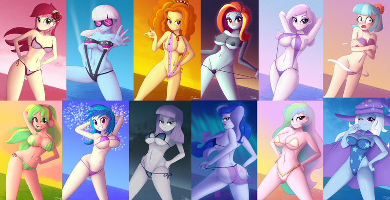 Size: 1910x980 | Tagged: questionable, alternate version, artist:zelc-face, derpibooru import, edit, adagio dazzle, boulder (pet), coco pommel, fleur-de-lis, lemon zest, maud pie, photo finish, princess celestia, princess luna, roseluck, sassy saddles, trixie, vinyl scratch, equestria girls, adorasexy, alternate cutie mark, alternative cutie mark placement, areola, arm behind head, ass, beach, beach babe, bedroom eyes, belly button, bicolor swimsuit, bikini, bikini bottom, black swimsuit, bouncing, bouncing breasts, breasts, busty adagio dazzle, busty coco pommel, busty fleur-de-lis, busty lemon zest, busty maud pie, busty photo finish, busty princess celestia, busty princess luna, busty roseluck, busty sassy saddles, busty trixie, busty vinyl scratch, butt, cape, clothes, covering, crotchmark, cute, cutelestia, cutie mark, cutie mark on equestria girl, embarrassed, embarrassed nude exposure, female, fireworks, fishnets, flower, flower in hair, food, gem, gold swimsuit, gravity-defying breasts, grin, headphones, image, legs, looking at you, looking back, miss fleur is trying to seduce us, moonbutt, nipples, nudity, o-ring swimsuit, one-piece swimsuit, png, pretzel, principal celestia, purple bikini, purple swimsuit, rear view, see-through, sexy, sexy saddles, siren gem, skimpy, sling bikini, smiling, solo, solo female, spikes, star printed swimsuit, strapless bikini, string bikini, stupid sexy celestia, stupid sexy fleur-de-lis, stupid sexy lemon zest, stupid sexy maud pie, stupid sexy princess luna, stupid sexy roseluck, stupid sexy sassy, stupid sexy trixie, stupid sexy vinyl, sunglasses, swimsuit, trixie's cape, underass, vice principal luna, water, wedgie, zelc-face's swimsuits