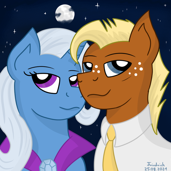 Size: 800x800 | Tagged: safe, artist:friedrich911, derpibooru import, trixie, oc, pony, female, image, male, mare, moon, night, png, ponysona, sky, stallion, stars