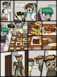 Size: 1750x2333 | Tagged: safe, artist:99999999000, derpibooru import, oc, oc:chen lifan, oc:cwe, oc:li anna, oc:li jie ai, oc:li zhenghan, unofficial characters only, pegasus, pony, comic:visit, clothes, comic, family, father, female, filly, food, glasses, hoof hold, image, male, mother, png, sister