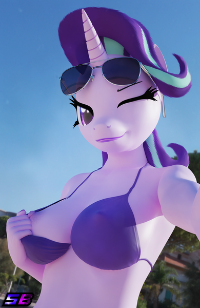Size: 2160x3320 | Tagged: questionable, artist:shadowboltsfm, derpibooru import, starlight glimmer, anthro, plantigrade anthro, 3d, aviator glasses, big breasts, bikini, blender, breasts, busty starlight glimmer, clothes, female, flashing, high res, image, looking at you, nipples, not sfm, nudity, one eye closed, png, sexy, smiling, solo, swimsuit, wink, winking at you