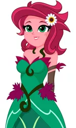 Size: 896x1499 | Tagged: safe, artist:rosemile mulberry, derpibooru import, part of a set, gaea everfree, gloriosa daisy, equestria girls, arm behind back, breasts, cleavage, clothes, dress, female, flower, flower in hair, freckles, image, leaf, png, shoulder freckles, simple background, smiling, solo, vine