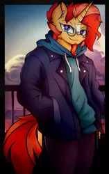 Size: 2566x4096 | Tagged: safe, artist:canvymamamoo, derpibooru import, sunburst, anthro, unicorn, clothes, cloud, ear fluff, facial hair, glasses, goatee, hoodie, image, jacket, jpeg, looking at you, male, pants, raised eyebrow, smiling, solo