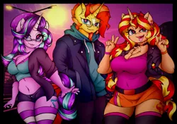 Size: 4096x2876 | Tagged: safe, artist:canvymamamoo, derpibooru import, starlight glimmer, sunburst, sunset shimmer, anthro, unicorn, :p, beanie, belly button, big breasts, blushing, breasts, busty starlight glimmer, busty sunset shimmer, chest fluff, choker, clothes, cloud, double peace sign, ear fluff, ear piercing, earring, facial hair, female, glasses, goatee, hat, hoodie, image, jacket, jewelry, jpeg, lidded eyes, looking at you, magical trio, male, midriff, open mouth, pants, peace sign, piercing, raised eyebrow, shorts, skirt, smiling, socks, solo, stockings, street lights, striped socks, thigh highs, tongue out, trio