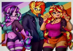 Size: 4096x2876 | Tagged: safe, alternate version, artist:canvymamamoo, derpibooru import, starlight glimmer, sunburst, sunset shimmer, anthro, unicorn, :p, abstract background, beanie, belly button, big breasts, blushing, breasts, busty starlight glimmer, busty sunset shimmer, chest fluff, choker, clothes, double peace sign, ear fluff, ear piercing, earring, facial hair, female, glasses, goatee, hat, hoodie, image, jacket, jewelry, jpeg, lidded eyes, looking at you, magical trio, male, midriff, open mouth, pants, peace sign, piercing, raised eyebrow, shorts, skirt, smiling, socks, solo, stockings, striped socks, thigh highs, tongue out, trio