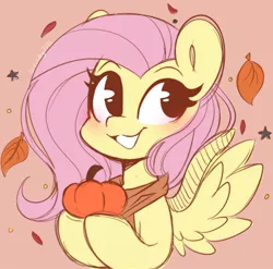 Size: 1156x1143 | Tagged: safe, artist:sakukitty, derpibooru import, fluttershy, pegasus, pony, autumn, blushing, bust, clothes, cute, falling leaves, female, image, jpeg, leaves, mare, pumpkin, scarf, shyabetes, smiling, solo, stars