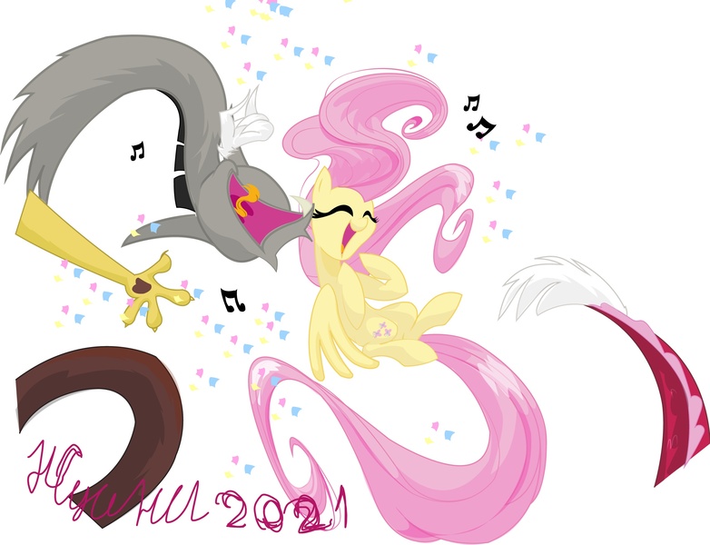 Size: 2651x2034 | Tagged: safe, artist:natalysweeneyart, derpibooru import, discord, fluttershy, draconequus, pegasus, pony, 2021, confetti, duo, eyes closed, female, floating, high res, image, jpeg, long mane, long tail, male, mare, music notes, open mouth, open smile, signature, simple background, singing, smiling, spread wings, tongue out, white background, wings