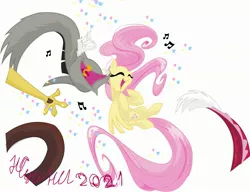 Size: 2651x2034 | Tagged: safe, artist:natalysweeneyart, derpibooru import, discord, fluttershy, draconequus, pegasus, pony, 2021, confetti, duo, eyes closed, female, floating, high res, image, jpeg, long mane, long tail, male, mare, music notes, open mouth, open smile, signature, simple background, singing, smiling, spread wings, tongue out, white background, wings