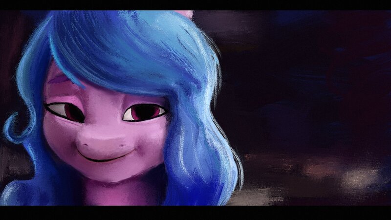 Size: 2048x1152 | Tagged: safe, artist:dummyhorse, derpibooru import, izzy moonbow, pony, unicorn, bust, female, full face view, g5, image, jpeg, lidded eyes, looking at you, mare, portrait, smiling, solo, speedpaint available