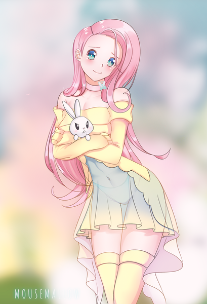 Size: 1782x2613 | Tagged: suggestive, artist:springinfox, derpibooru import, angel bunny, fluttershy, human, rabbit, adorasexy, animal, anime eyes, bare shoulders, belly button, blue panties, blue underwear, blushing, breasts, choker, chokershy, cleavage, clothes, crossed arms, cute, cutie mark accessory, dress, duo, flutterthighs, holding a rabbit, humanized, image, panties, png, see-through, sexy, shoulderless, shyabetes, socks, thigh gap, thigh highs, thighs, thong, underwear, wide hips, yellow dress, zettai ryouiki