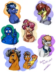 Size: 1920x2469 | Tagged: safe, artist:lupiarts, derpibooru import, spitfire, oc, oc:dusty katt, oc:phantom, alligator, anthro, earth pony, pegasus, pony, arlo, basket, bust, clothes, cookie, facial hair, female, food, furry, furry oc, headphones, hoodie, image, jpeg, male, mare, moustache, mouth hold, stallion