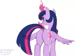 Size: 2224x1668 | Tagged: suggestive, artist:mentalkitty, derpibooru import, twilight sparkle, twilight sparkle (alicorn), alicorn, pony, bedroom eyes, blushing, butt, colored, cutie mark, digital art, dock, featureless crotch, female, females only, glowing cutie mark, glowing horn, horn, image, levitation, looking at you, looking back, low angle, magic, plot, png, pony only, presenting, raised tail, rear view, seductive, seductive look, show accurate, simple background, smiling, smiling at you, solo, solo female, spread wings, tail, telekinesis, twilight's cutie mark, white background, wing gesture, wings