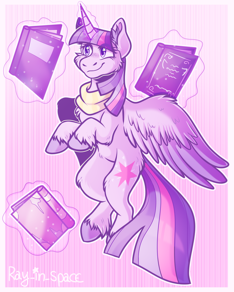 Size: 2000x2500 | Tagged: safe, artist:ray-in-space, derpibooru import, twilight sparkle, twilight sparkle (alicorn), alicorn, pony, abstract background, book, bookhorse, cheek fluff, chest fluff, ear fluff, female, fluffy, image, levitation, magic, mare, png, smiling, solo, spread wings, starry eyes, telekinesis, unshorn fetlocks, wing fluff, wingding eyes, wings