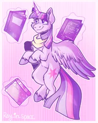 Size: 2000x2500 | Tagged: safe, artist:ray-in-space, derpibooru import, twilight sparkle, twilight sparkle (alicorn), alicorn, pony, abstract background, book, bookhorse, cheek fluff, chest fluff, ear fluff, female, fluffy, image, levitation, magic, mare, png, smiling, solo, spread wings, starry eyes, telekinesis, unshorn fetlocks, wing fluff, wingding eyes, wings