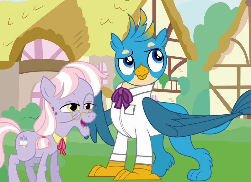 Size: 1280x925 | Tagged: safe, artist:disneymarvel96, derpibooru import, edit, vector edit, dusty pages, gallus, earth pony, gryphon, bowtie, clothes, duo, elderly, female, glasses, image, jpeg, male, ponyville, shirt, string tie, vector