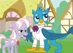 Size: 1280x925 | Tagged: safe, artist:disneymarvel96, derpibooru import, edit, vector edit, dusty pages, gallus, earth pony, gryphon, bowtie, clothes, duo, elderly, female, glasses, image, jpeg, male, ponyville, shirt, string tie, vector