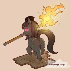 Size: 1200x1200 | Tagged: suggestive, artist:cold-blooded-twilight, derpibooru import, oc, oc:blazing saddles, earth pony, pony, both cutie marks, cap, dock, ear piercing, earring, featureless crotch, female, filly, fire, frog (hoof), glowing eyes, hat, image, jewelry, looking at you, looking back, looking back at you, mouth hold, piercing, png, raised leg, raised tail, rear view, red eyes, simple background, solo, solo female, sparks, tail, torch, underhoof