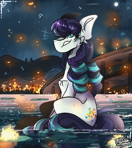 Size: 2500x2800 | Tagged: safe, artist:its_sunsetdraws, derpibooru import, coloratura, earth pony, pony, cheek fluff, digital art, fanart, female, floating lights, image, lilypad, mountain, night, night sky, png, rara, reflection, river, sitting, sitting in water, sky, smiling, solo, solo female, solo focus, water