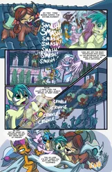 Size: 2200x3400 | Tagged: safe, artist:lytlethelemur, derpibooru import, gallus, ocellus, sandbar, silverstream, smolder, sweetie belle, yona, changeling, dragon, earth pony, gryphon, hippogriff, yak, comic:study break, bong, bunk bed, comic, dragoness, drug use, female, food, high, high res, image, implied gallstream, implied shipping, implied yonabar, male, onomatopoeia, png, pun, school of friendship, student six, taco, taco belle, tripping balls, yak smash
