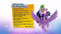 Size: 853x480 | Tagged: safe, derpibooru import, official, spike, twilight sparkle, twilight sparkle (alicorn), alicorn, dragon, pony, equestria girls, equestria girls series, my little pony: the movie, road trippin, deleted scene, dragons riding ponies, female, glowing horn, hanazuki: full of treasures, horn, i'm the friend you need, image, male, menu screen, png, riding, trailer