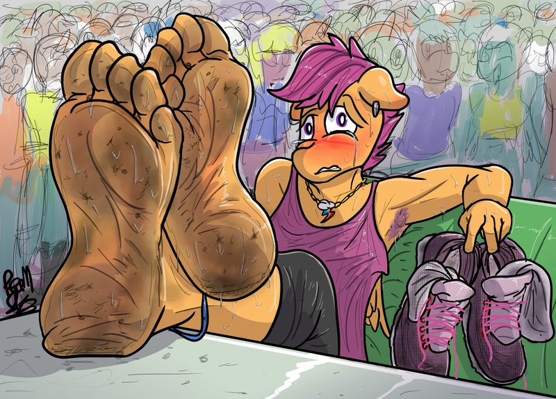 Size: 3000x2154 | Tagged: suggestive, artist:fetishsketches, derpibooru import, scootaloo, anthro, pegasus, plantigrade anthro, anklet, barefoot, big feet, clothes, commission, crying, dirt, dirty, dirty feet, feet, fetish, foot fetish, foot focus, humiliation, image, jewelry, leggings, male, male focus, png, public, public humiliation, rule 63, school, scooteroll, shoes, shoes removed, sneakers, socks, soles, solo focus, sweaty feet