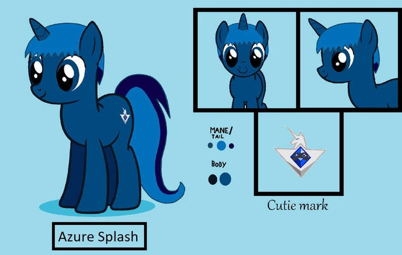 Size: 1122x712 | Tagged: safe, artist:crazyone59, derpibooru import, oc, oc:azuresplash, unofficial characters only, pony, unicorn, blue background, could be better, horn, image, jpeg, reference sheet, simple background, smiling, unicorn oc