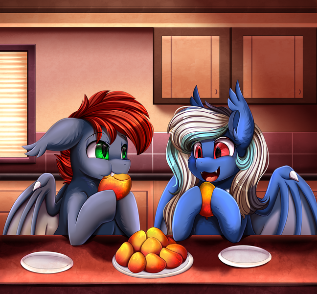 Size: 3100x2870 | Tagged: safe, artist:pridark, derpibooru import, oc, unofficial characters only, bat pony, pony, bat pony oc, bat wings, commission, cute, duo, eating, food, fruit, high res, image, mangoes, ocbetes, plate, png, table, wings