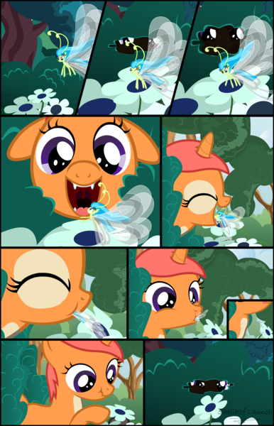 Size: 2000x3112 | Tagged: questionable, artist:shelikof launch, derpibooru import, oc, oc:kitt nips, breezie, fox, fox pony, hybrid, pony, unicorn, bush, bushicorn, comic, derpibooru exclusive, flower, forest, forest background, hunting, image, licking, png, tongue out, tree, vore