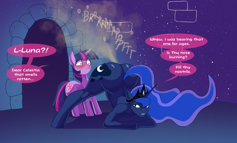 Size: 3009x1828 | Tagged: questionable, alternate version, artist:kokobiel, derpibooru import, princess luna, twilight sparkle, alicorn, pony, unicorn, anatomically incorrect, blushing, butt, dialogue, face down ass up, fart, fart cloud, fart fetish, fart noise, female, fetish, image, incorrect leg anatomy, jacko challenge, large butt, lesbian, moonbutt, onomatopoeia, png, presenting, raised tail, shipping, shrunken pupils, smelly, sound effects, speech bubble, tail, twiluna, unicorn twilight