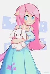 Size: 1700x2500 | Tagged: safe, artist:プリンサン, derpibooru import, fluttershy, anthro, breasts, busty fluttershy, clothes, cute, floppy ears, holding hand, image, jpeg, shyabetes, stuffed