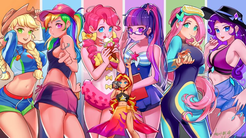 Size: 2048x1152 | Tagged: safe, artist:卯卯七, derpibooru import, applejack, fluttershy, pinkie pie, rainbow dash, rarity, sci-twi, sunset shimmer, twilight sparkle, crab, equestria girls, belly button, bikini, boobs and butt pose, breasts, busty applejack, busty fluttershy, busty rarity, butt, clothes, flutterbutt, food, glasses, goggles, goggles on head, grin, hat, human coloration, humane five, humane seven, humane six, ice cream, image, jpeg, looking at you, midriff, one eye closed, one-piece swimsuit, open mouth, open smile, ponytail, rainbutt dash, sarong, sideboob, smiling, smiling at you, swimsuit, wetsuit, wink