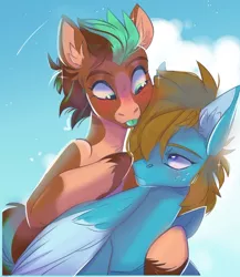 Size: 750x863 | Tagged: safe, artist:dez_hyena, derpibooru import, oc, oc:carbon, oc:sagebrush, unofficial characters only, earth pony, pegasus, pony, blushing, colored wings, couple, cute, dating, earth pony oc, hug, image, jpeg, male, males only, multicolored hair, multicolored tail, multicolored wings, oc x oc, pegasus oc, shipping, sings, sky, stallion, unshorn fetlocks, wings
