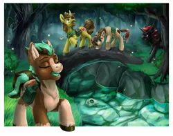 Size: 2100x1654 | Tagged: safe, artist:goatm, derpibooru import, oc, oc:andemon, oc:chocolate twist, oc:jsonus heartguard, oc:sagebrush, unofficial characters only, earth pony, firefly (insect), insect, pony, unicorn, adventure, bag, bridge, brown eyes, clothes, coat markings, earth pony oc, female, forest, horn, image, jewelry, jpeg, male, multicolored hair, multicolored mane, multicolored tail, necklace, open mouth, pinto, raised hoof, red eyes, river, saddle bag, scenery, shading, skull, tree, unicorn oc, unshorn fetlocks, vest