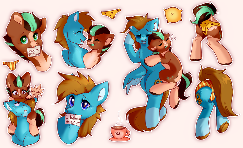 Size: 2726x1666 | Tagged: questionable, artist:pledus, derpibooru import, oc, oc:carbon, oc:sagebrush, unofficial characters only, earth pony, pegasus, pony, annoyed, blue eyes, blushing, clothes, colored wings, couple, cuddling, cute, dating, earth pony oc, food, freckles, gay, green eyes, happy, image, male, multicolored hair, multicolored mane, multicolored tail, multicolored wings, oc x oc, pegasus oc, pillow, png, shipping, size difference, sleeping, tea, text, underwear, unshorn fetlocks, wings