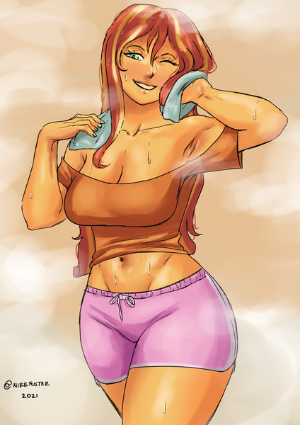 Size: 1754x2480 | Tagged: safe, artist:nire, derpibooru import, sunset shimmer, human, equestria girls, after shower, armpits, belly, blushing, breasts, brown topwear, busty sunset shimmer, cleavage, clothes, dolphin shorts, female, front view, image, long hair, looking at you, nail polish, png, shiny hair, shiny skin, shorts, side slit, smiling, smiling at you, solo, solo female, steam, sweat, thighs, tomboy, towel, two toned bottomwear, two toned hair, wide hips, yellow skin