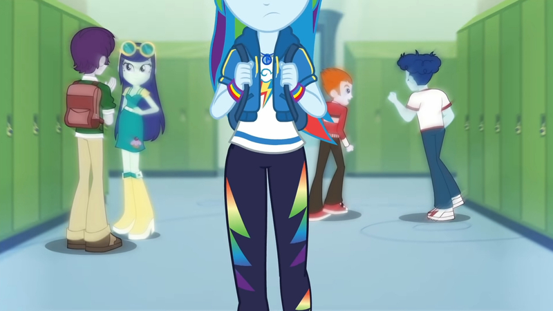 Size: 3410x1920 | Tagged: safe, derpibooru import, screencap, curly winds, heath burns, rainbow dash, some blue guy, equestria girls, equestria girls series, run to break free, spoiler:eqg series (season 2), clothes, cutie mark, cutie mark on clothes, female, geode of super speed, hallway, hoodie, image, jewelry, jpeg, lockers, magical geodes, male, necklace, open mouth