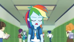 Size: 3410x1920 | Tagged: safe, derpibooru import, screencap, curly winds, heath burns, rainbow dash, scribble dee, some blue guy, wiz kid, equestria girls, equestria girls series, run to break free, spoiler:eqg series (season 2), backpack, clothes, cutie mark, cutie mark on clothes, eyes closed, female, geode of super speed, hallway, hoodie, image, jewelry, jpeg, lockers, magical geodes, male, necklace, open mouth