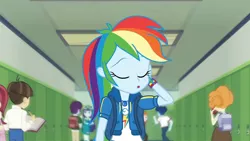 Size: 3410x1920 | Tagged: safe, derpibooru import, screencap, curly winds, heath burns, rainbow dash, scribble dee, some blue guy, wiz kid, equestria girls, equestria girls series, run to break free, spoiler:eqg series (season 2), :o, backpack, clothes, cutie mark, cutie mark on clothes, eyes closed, female, geode of super speed, hallway, hoodie, image, jewelry, jpeg, lockers, magical geodes, male, necklace, open mouth