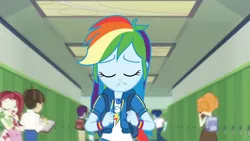 Size: 3410x1920 | Tagged: safe, derpibooru import, screencap, curly winds, rainbow dash, scribble dee, some blue guy, wiz kid, equestria girls, equestria girls series, run to break free, spoiler:eqg series (season 2), backpack, clothes, cutie mark, cutie mark on clothes, eyes closed, female, geode of super speed, hallway, hoodie, image, jewelry, jpeg, lip bite, lockers, magical geodes, male, necklace