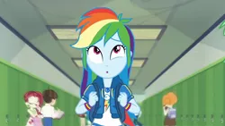 Size: 3410x1920 | Tagged: safe, derpibooru import, screencap, curly winds, rainbow dash, scribble dee, some blue guy, wiz kid, equestria girls, equestria girls series, run to break free, spoiler:eqg series (season 2), :o, backpack, clothes, cutie mark, cutie mark on clothes, female, geode of super speed, hallway, hoodie, image, jewelry, jpeg, lockers, magical geodes, male, necklace, open mouth