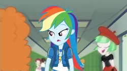 Size: 3410x1920 | Tagged: safe, derpibooru import, screencap, curly winds, golden hazel, rainbow dash, scribble dee, some blue guy, wiz kid, equestria girls, equestria girls series, run to break free, spoiler:eqg series (season 2), backpack, clothes, cutie mark, cutie mark on clothes, eyes closed, female, geode of super speed, hallway, hoodie, image, jewelry, jpeg, lockers, magical geodes, male, necklace, open mouth
