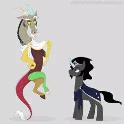 Size: 1000x1000 | Tagged: safe, artist:shadobabe, derpibooru import, discord, king sombra, draconequus, pony, unicorn, alternate design, clothes, crossed legs, crown, floating, future, image, jewelry, long description, looking at each other, male, moon, next generation, older, png, prince, reformed, regalia, robe, royalty, shadow, simple background, story included, sun