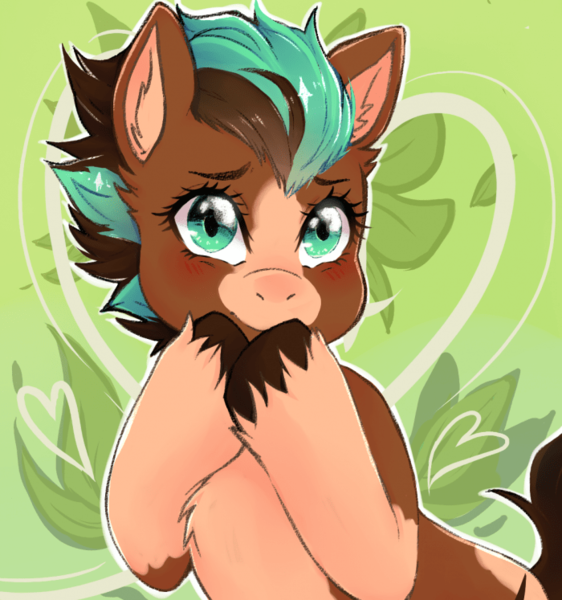 Size: 700x747 | Tagged: safe, artist:the-cat1, derpibooru import, oc, oc:sagebrush, earth pony, pony, brush, coat markings, covering mouth, earth pony oc, green eyes, hooves, hooves up, image, male, multicolored hair, multicolored mane, multicolored tail, pinto, png, scenery, shading, smiling, solo, stallion, transgender, unshorn fetlocks