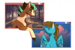 Size: 2732x1821 | Tagged: safe, artist:tsu-kofu, derpibooru import, oc, oc:carbon, oc:sagebrush, unofficial characters only, earth pony, pegasus, pony, blue eyes, brush, coat markings, colored wings, couple, dating, earth pony oc, forest, green eyes, hooves, image, male, multicolored hair, multicolored mane, multicolored tail, multicolored wings, oc x oc, pegasus oc, pinto, png, scenery, shading, shipping, sky, smiling, solo, stallion, transgender, tree, unshorn fetlocks, wings