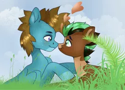 Size: 3856x2768 | Tagged: safe, artist:tosha_papuru0404, derpibooru import, oc, oc:carbon, oc:sagebrush, earth pony, pegasus, pony, blue eyes, blushing, boop, brown mane, brush, coat markings, colored wings, couple, cute, dating, earth pony oc, forehead kiss, gay, grass, green eyes, heart, hooves, image, jpeg, kissing, male, males only, multicolored hair, multicolored mane, multicolored tail, multicolored wings, noseboop, pegasus oc, pinto, shading, shipping, sky, smiling, stallion, transgender, wings