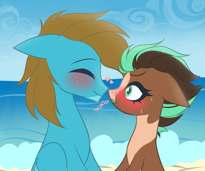 Size: 3000x2500 | Tagged: safe, artist:wew11, derpibooru import, oc, oc:carbon, oc:sagebrush, earth pony, pegasus, pony, beach, blue eyes, blushing, boop, brown mane, brush, coat markings, colored wings, couple, cute, dating, day, earth pony oc, eyelashes, eyes closed, eyes open, gay, green eyes, heart, hooves, image, kissing, male, males only, multicolored hair, multicolored mane, multicolored tail, multicolored wings, noseboop, ocean, pegasus oc, pinto, png, shading, shipping, sky, smiling, stallion, transgender, wings